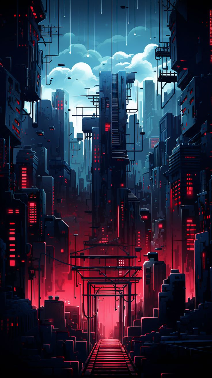 a futuristic city with red and blue lights