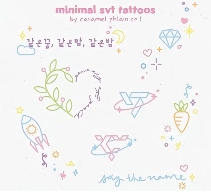 the back side of a white card with colorful tattoos on it and hearts, carrots, stars, and leaves