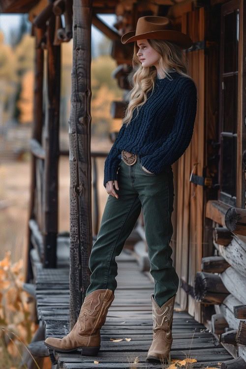 80+ Cowboy Boots Outfits for Fall: Your Go-To Guide for Autumn Style - From The Guest Room Cowboy Fall Outfit, Cowboy Boots Over Jeans, Leather Pants With Cowboy Boots, Autumn Western Outfits, Cowboy Boot Autumn Outfit, Autumn Cowboy Boots Outfit, Outfit With Cowboy Boots For Women, Jeans And Cowgirl Boots Outfit, Fall Outfits With Cowboy Boots