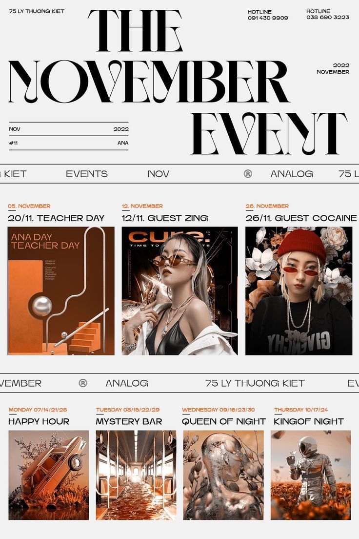 the november event flyer is shown with photos and text in black, white, and orange