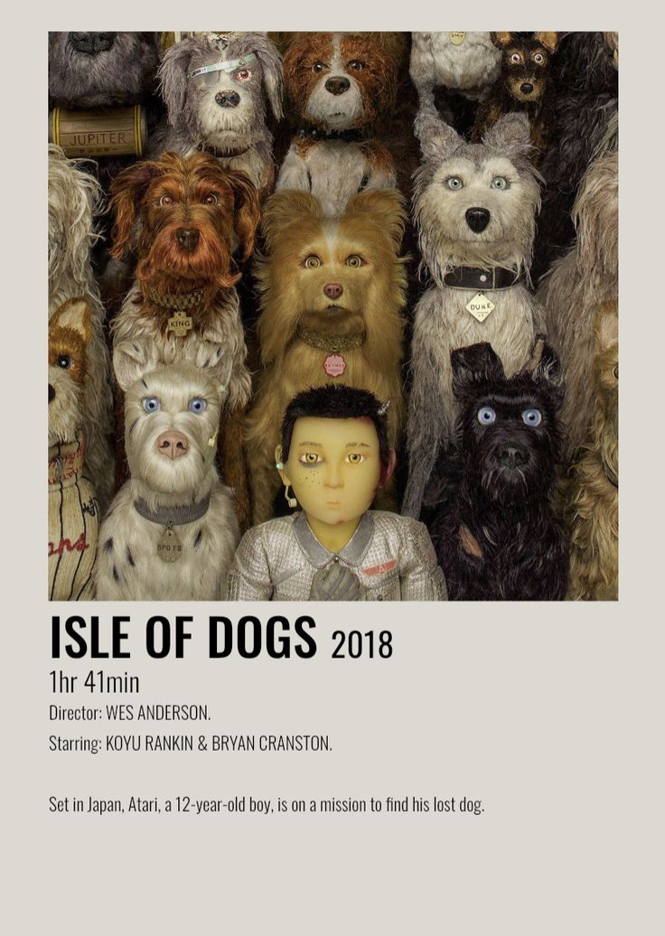 an advertisement for isle of dogs 2013 with many dogs in front of the camera and one person's head