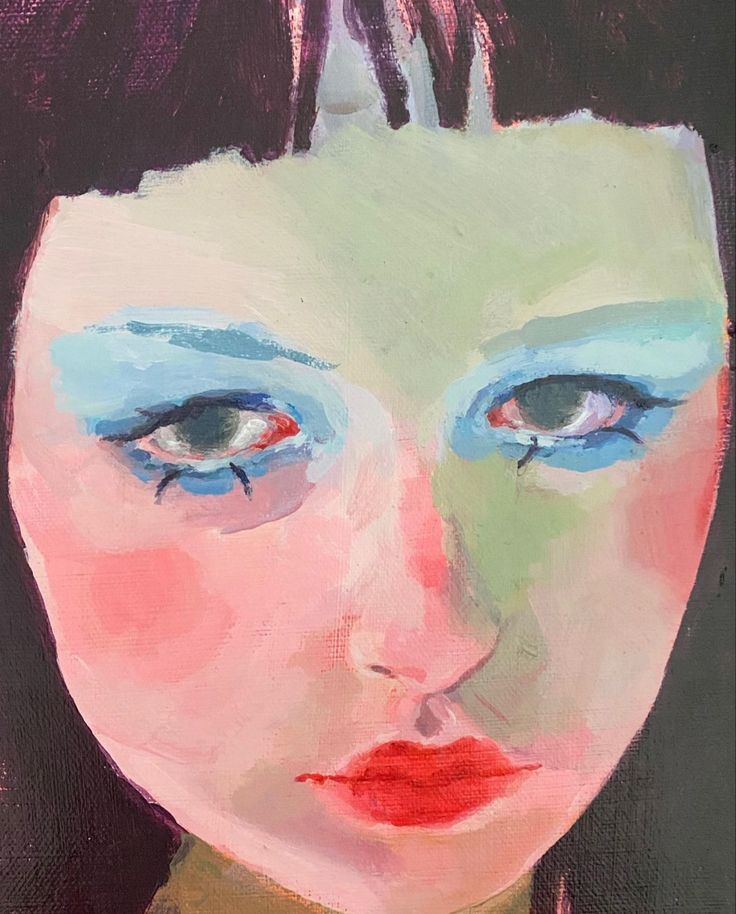 a painting of a woman's face with blue eyes