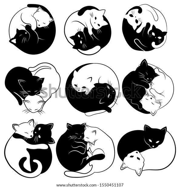 nine black and white cats sleeping in different positions on the same circle, each with its own cat's tail curled up