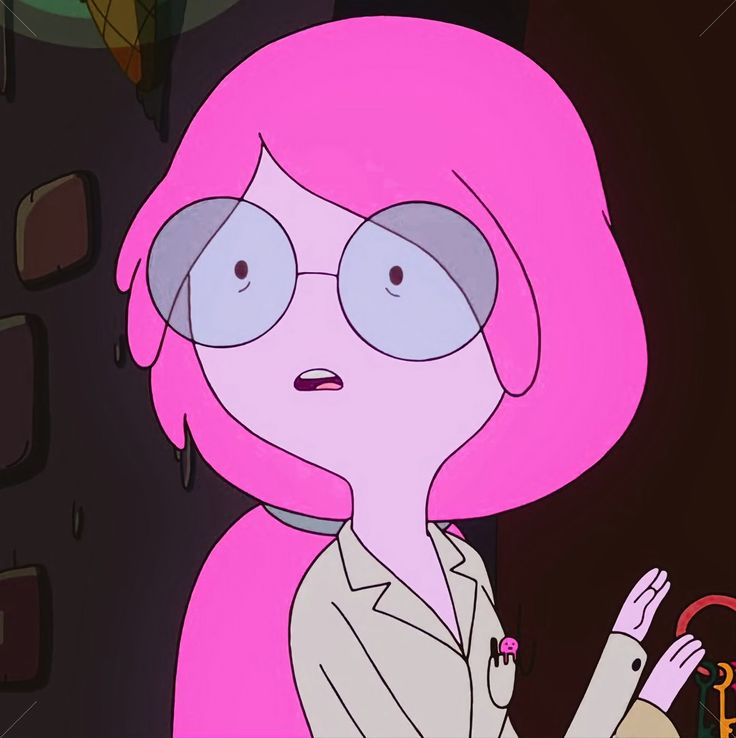 a cartoon character with pink hair and glasses