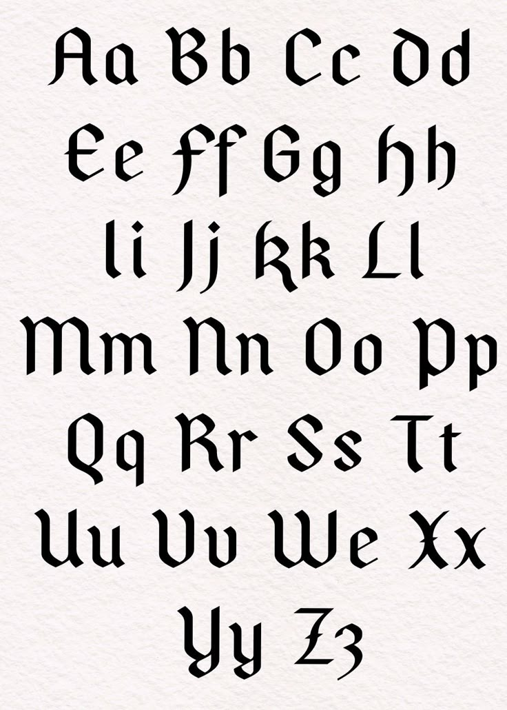 the upper and lower case of an old english alphabet, in black ink on white paper