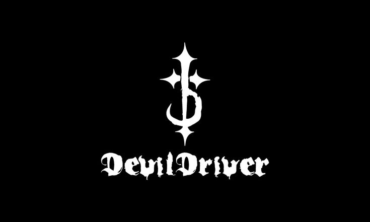 devildriver logo on black background with white letters and an inverted design in the middle