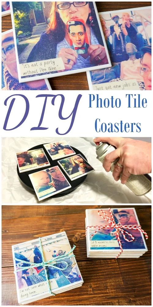 the process for making diy photo tile coasters is shown with pictures on them