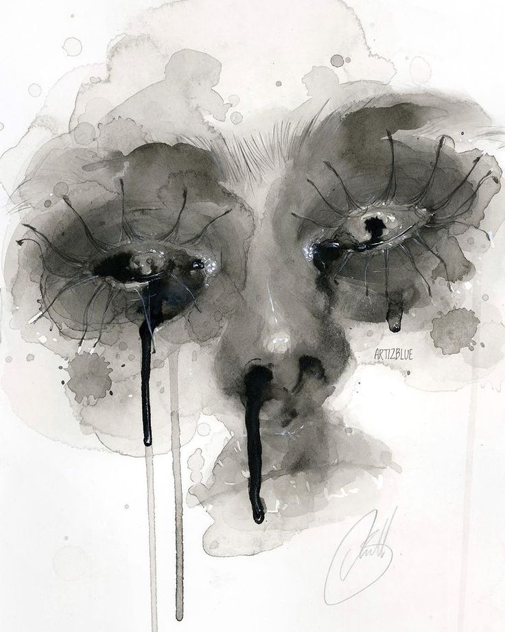 an artistic drawing of a face with tears on it's cheeks and eyes, painted in black and white