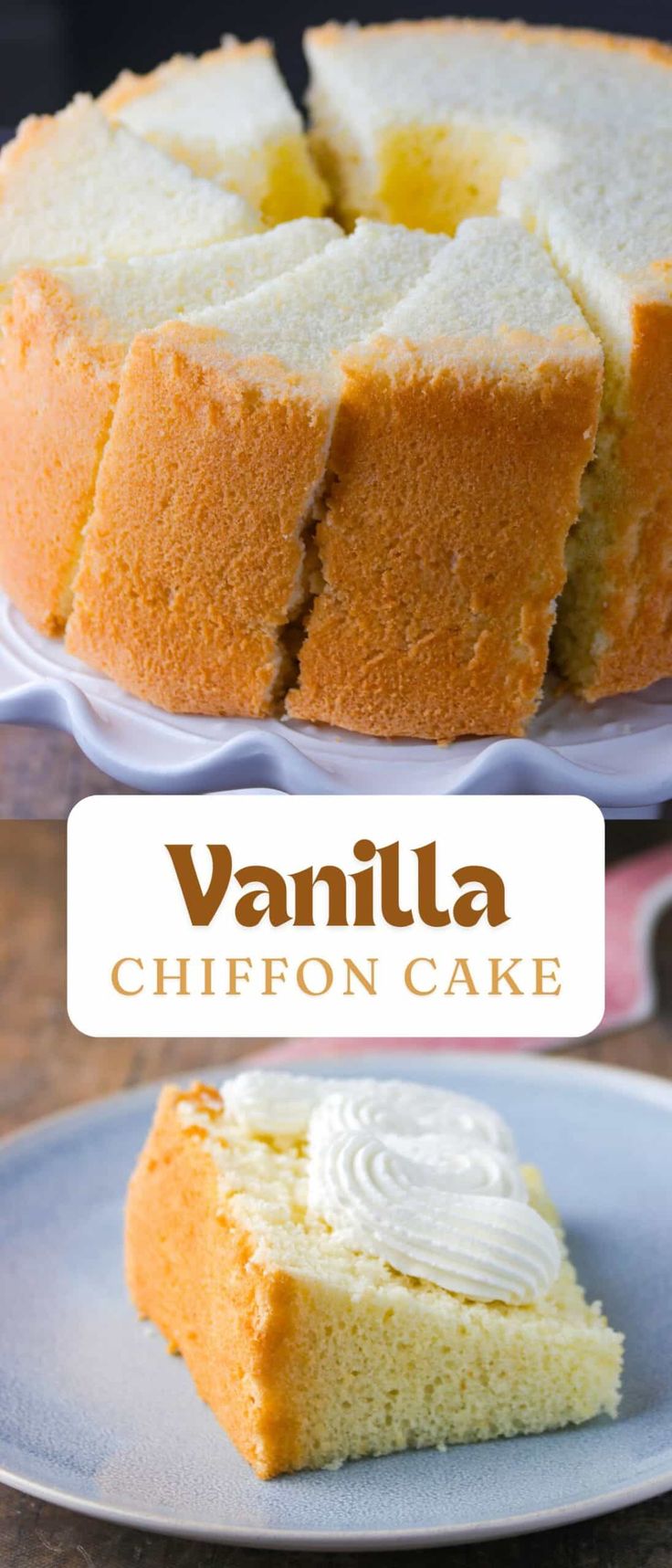 a cake that has been sliced and is on a plate with the words vanilla chipon cake