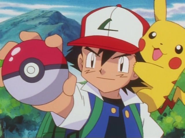 pikachu holding up a pokemon ball in front of him and another person behind him