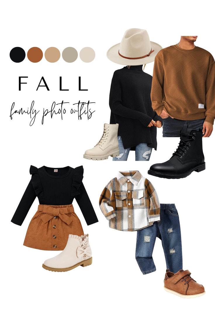 the fall outfits for kids are shown in different colors and styles, including black, brown,