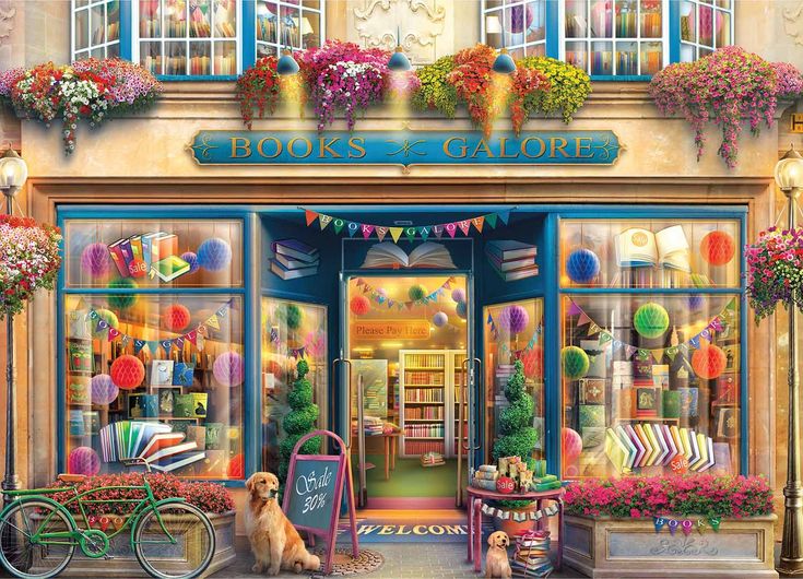 a painting of a store front with a dog sitting in the doorway and flowers on the windows