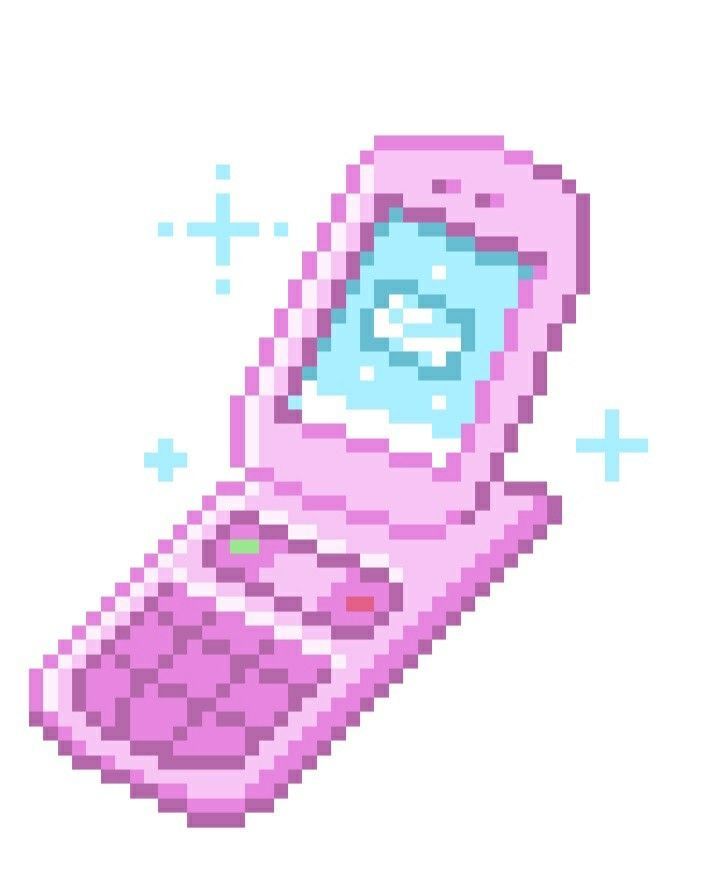 a pixelated pink cell phone with a blue screen