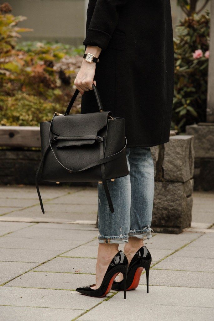 THE GREY EDIT // Louboutin So Kate + Distressed Denim + Men's Coat + Céline Black Louboutin Heels Outfit, So Kate Louboutin Outfit, Kate Louboutin Outfit, Red Bottom Heels Outfit, Louboutin Outfit, Black Louboutin Heels, So Kate Louboutin, Black Heels Outfit, Christian Louboutin Red Bottoms