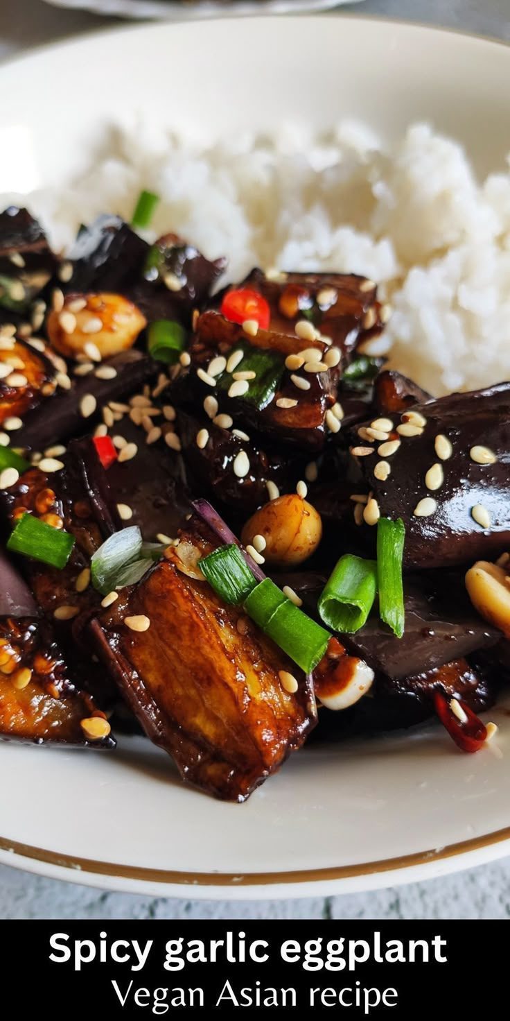 a white plate topped with eggplant and rice