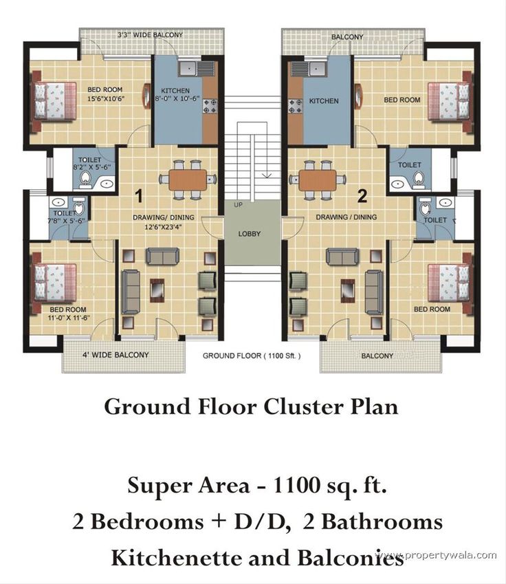 two bedroom apartment floor plan with kitchen and living room in the middle, ground level