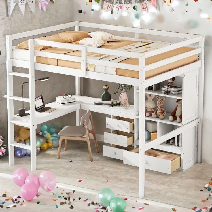 a white loft bed with desk underneath and balloons in the air above it, along with confetti streamers