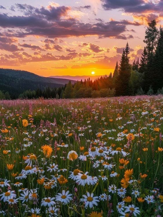 the sun is setting over a field full of wildflowers and pine trees in the distance