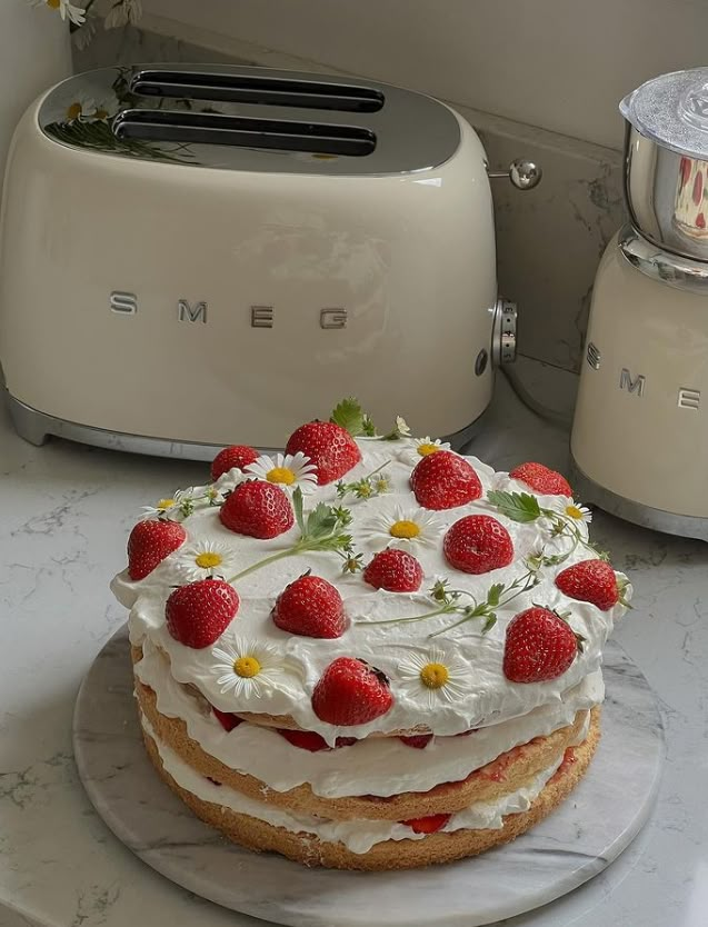 a cake sitting on top of a counter next to a toaster and blender