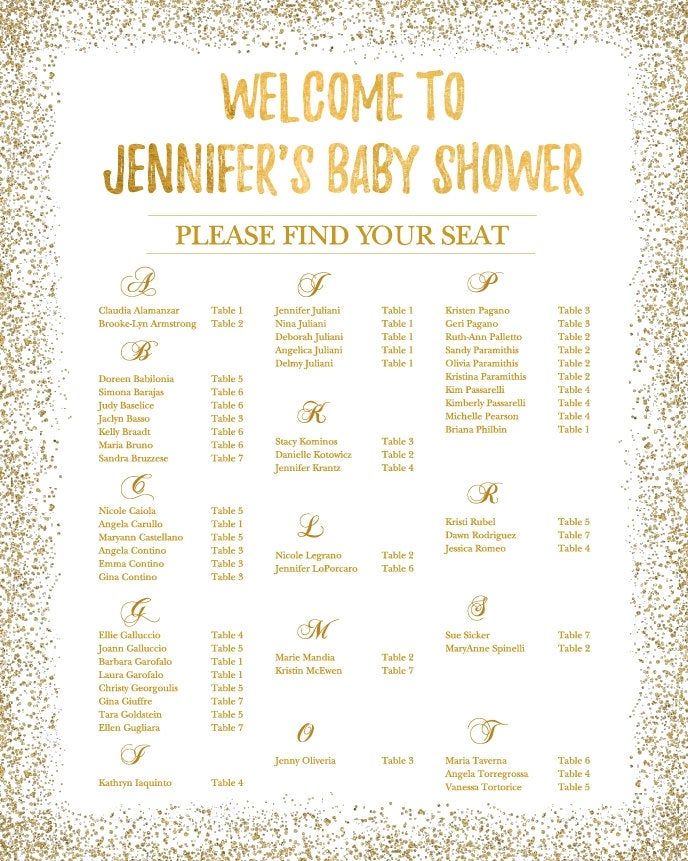 a baby shower sign that says welcome to jenny's baby shower please find your seat