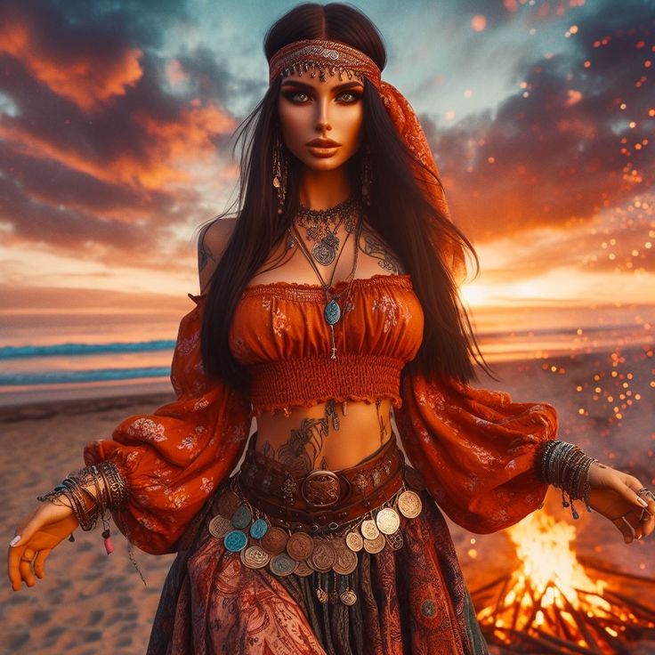 a woman in a red dress standing on top of a beach next to a fire