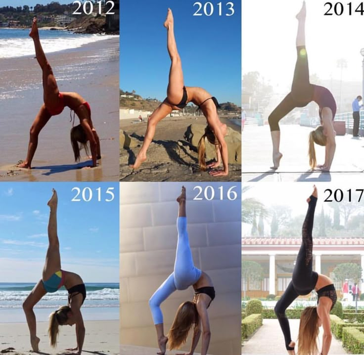 four pictures of women doing different yoga poses on the beach and in front of the ocean