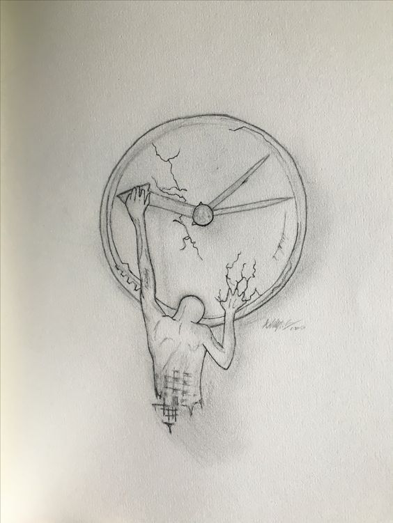 a drawing of a clock with a person holding it up in front of the clock