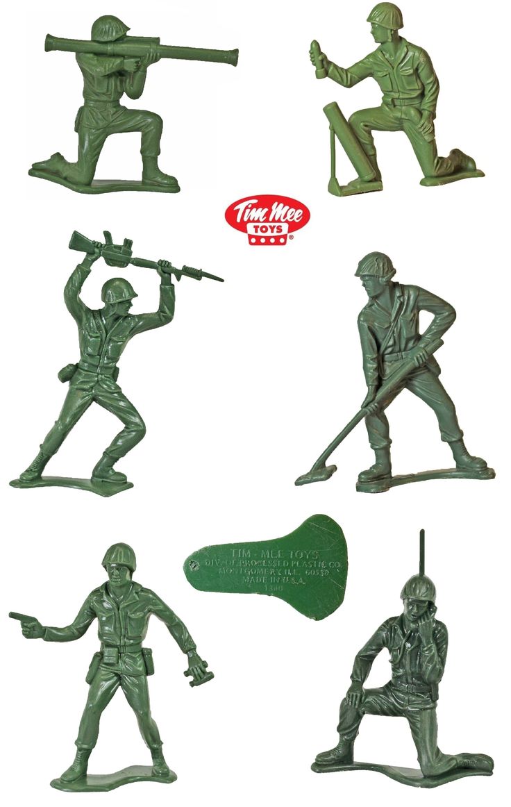 four green army figurines are shown in different positions and sizes, including one soldier with