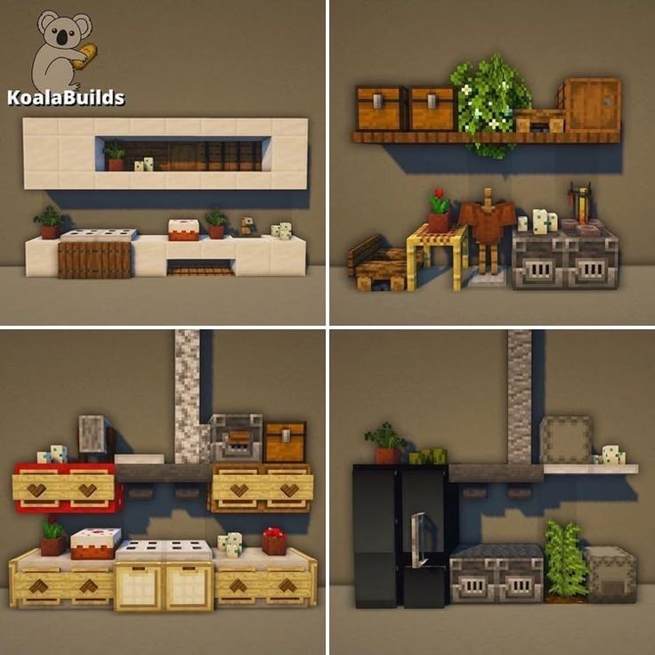 four different views of a kitchen and living room in pixel art style, each with furniture