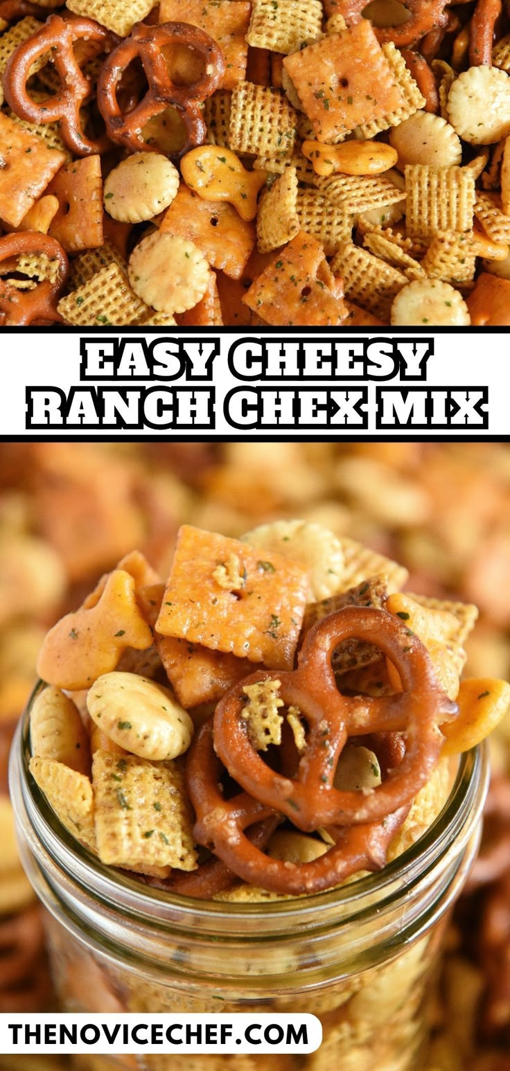 two pictures showing different types of cheesy ranch crackers and pretzels