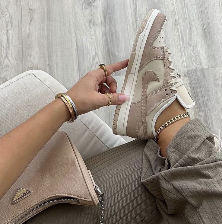 Nike Shoes Tan, Tan Nike Shoes Outfit Women, Boho Nike Shoes, Nike Dunks Cream, Nike Dunks Neutral, Tan Nike Dunks, Neutral Color Sneakers, Neutral Nike Shoes, Nike Beige Sneakers