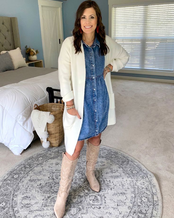 Denim Dress Boots, Denim Dress Boots Outfit, Jean Dress Fall Outfit, Denim Dress And Cowboy Boots Outfit, Jean Dress With Boots, Jean Dress Outfit Fall, Denim Dress Fall Outfit, Denim Dress With Boots, Denim Dress Outfit Fall