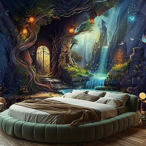 a bed room with a large mural on the wall and a waterfall in the middle