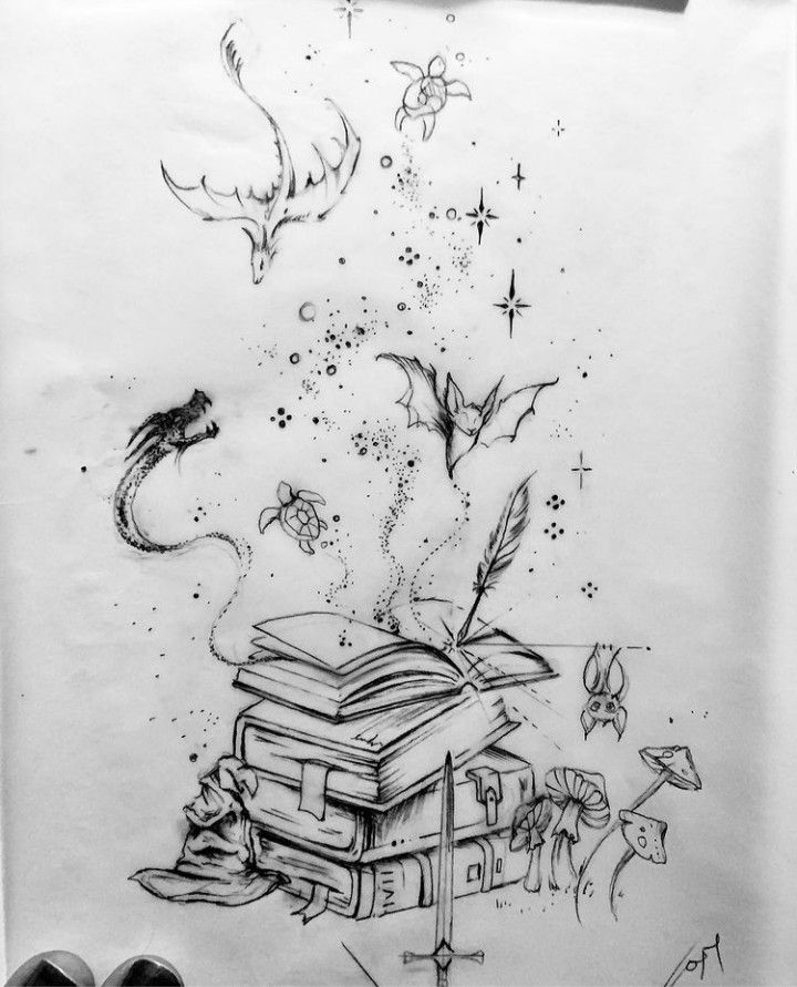 a black and white drawing of a book with birds flying around it, surrounded by other objects