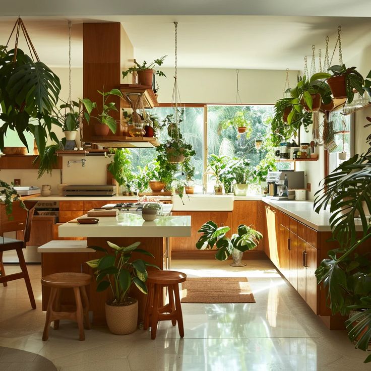 a kitchen filled with lots of potted plants