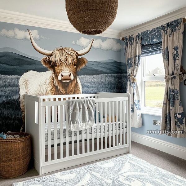 a baby's room decorated in blue and white with a cow mural on the wall