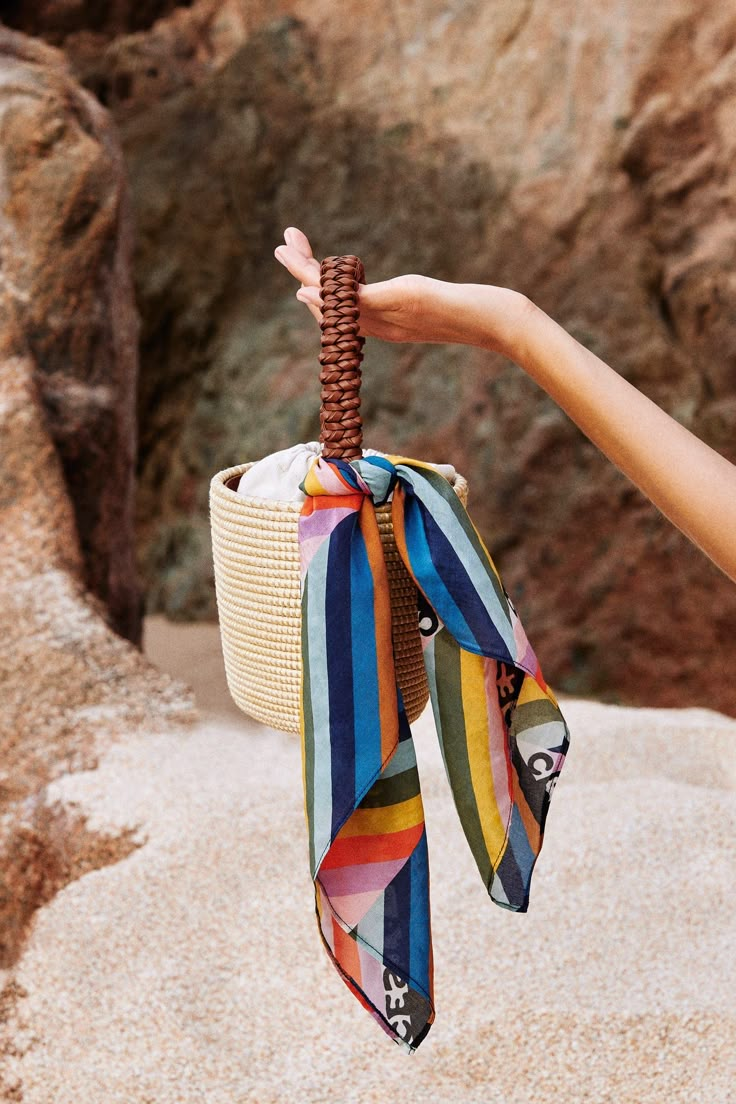 Cesta Collective Scarf / Rainbow Chevron Summer Silk Scarf, Handbag With Scarf, Scarf Campaign, Beach Capsule, Scarf On Bag, Riviera Fashion, Chevron Scarves, Beach Scarf, Scarf Bag