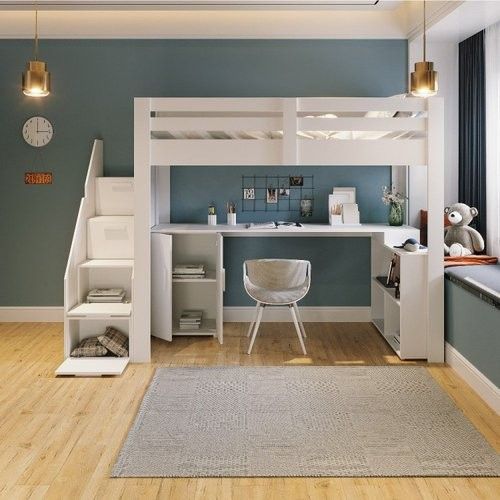 a loft bed with stairs and desk in the corner next to a window that has blue walls