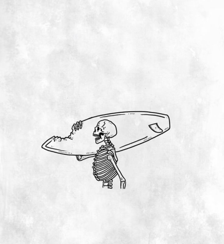 a drawing of a skeleton carrying a surfboard on it's back and holding the board in his hand