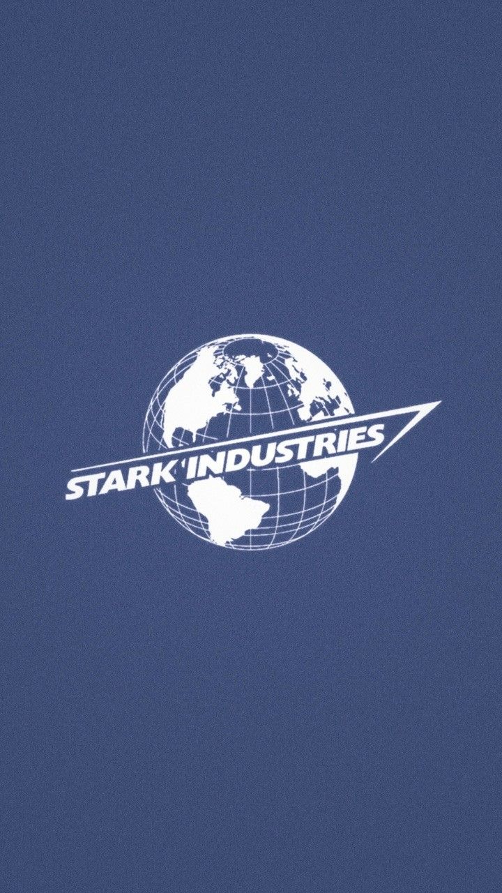 the logo for stark industries is shown on a dark blue background with an airplane flying over it