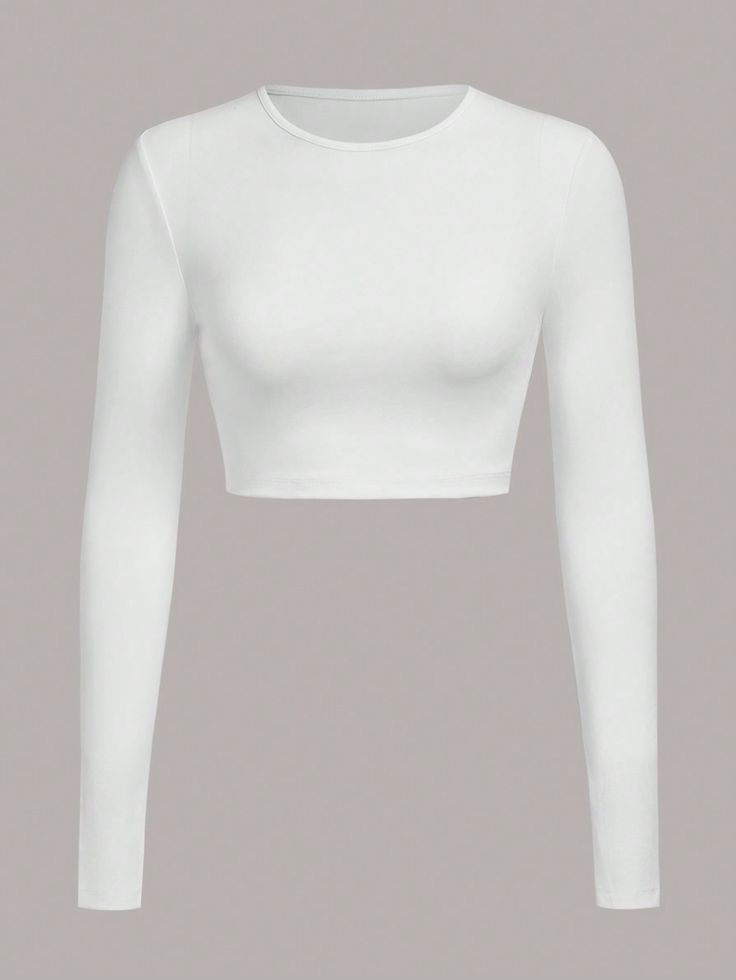 SHEIN BASICS Cotton Solid Fitted Crop Top | SHEIN USA White Tops Long Sleeve, Cute White Long Sleeve Tops, Shein White Top, Long Sleeve White Top Outfits, Crop Top Elegante, White Crop Long Sleeve, White Long Sleeve Outfit, White Crop Top Long Sleeve, White Basic Top