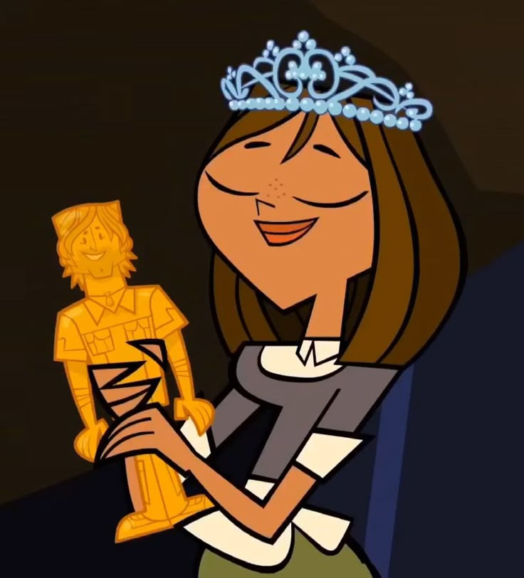 a cartoon character holding a golden trophy in her right hand and wearing a tiara