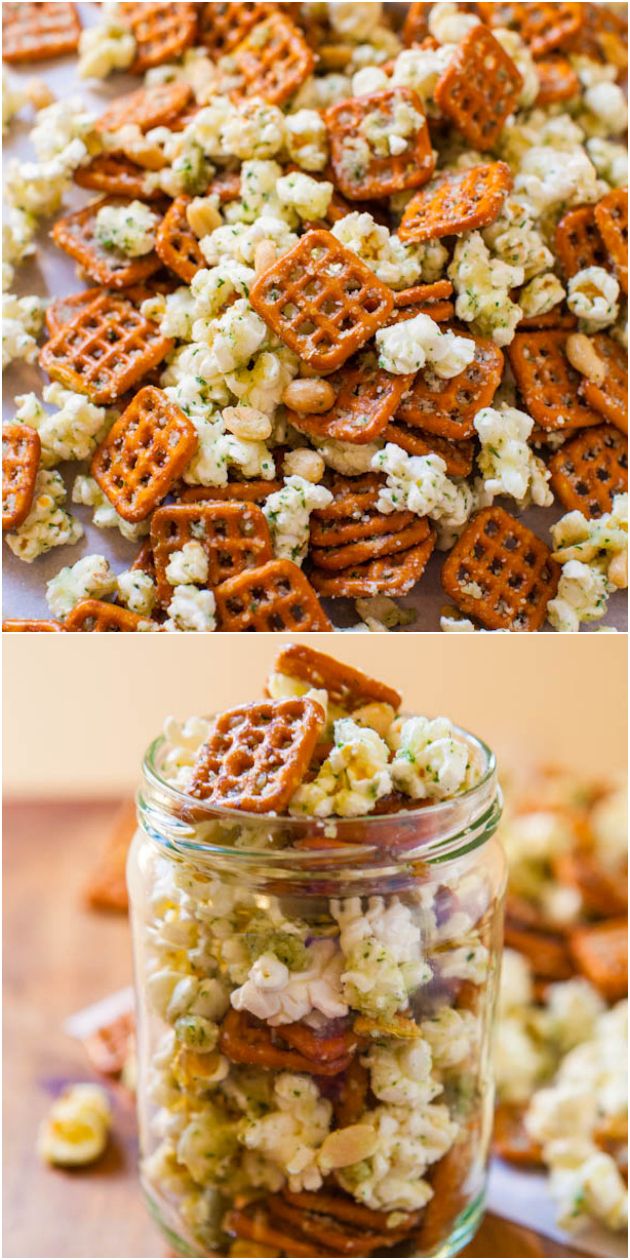 two pictures of popcorn and pretzels in a jar with the same toppings