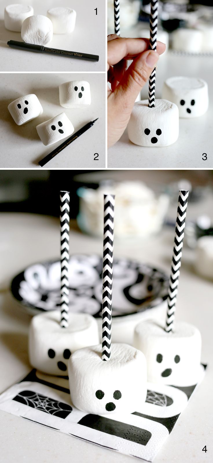 instructions to make marshmallows with black and white stripes