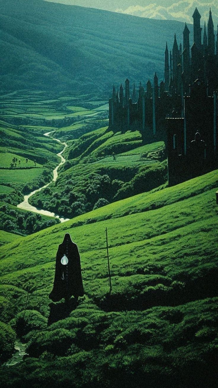 a person sitting on top of a lush green field next to a castle in the distance