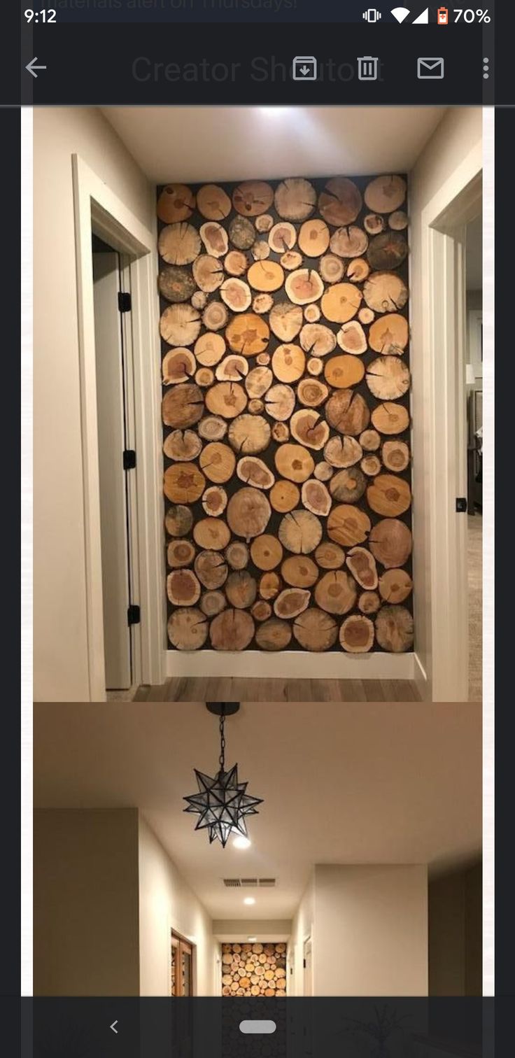 there are two pictures of wood stacked on top of each other in the same room