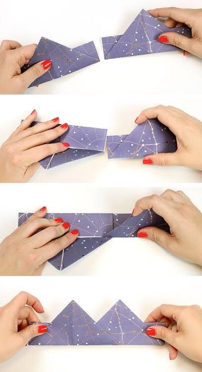 four photos showing how to fold an origami triangle