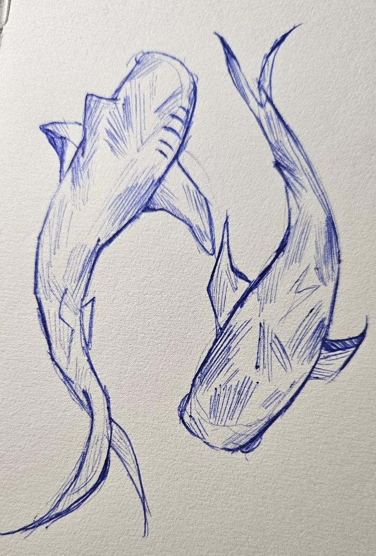 a drawing of two fish in the shape of a letter o on white paper with blue ink