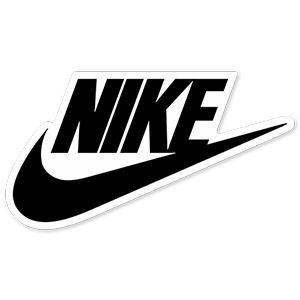 a black and white nike logo sticker on top of a white background with the word nike below it