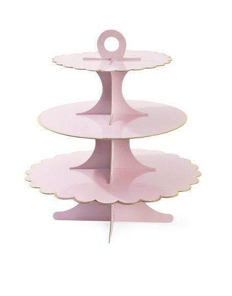 three tiered cake stand in pink with scalloped edges and an o - ring on the top